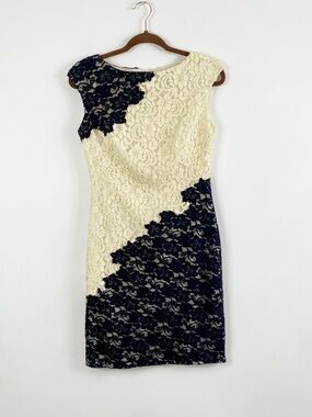 Lauren Ralph Lauren Lace Colorblock Sheath Dress Navy Cream Size 4